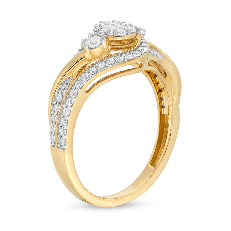 Main Image 3 of Previously Owned - 1/2 CT. T.W. Baguette and Round Diamond Frame Bypass Ring in 10K Gold