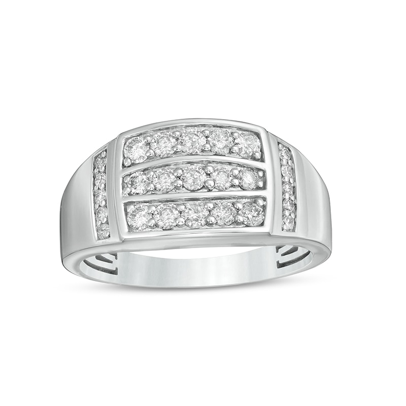 Main Image 1 of Previously Owned - Men's 3/4 CT. T.W. Diamond Triple Row Rectangle-Top Collar Ring in 10K White Gold
