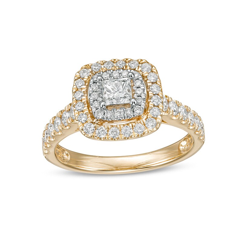 Main Image 1 of Previously Owned - 1 CT. T.W. Princess-Cut Diamond Double Frame Engagement Ring in 14K Gold (I/I2)