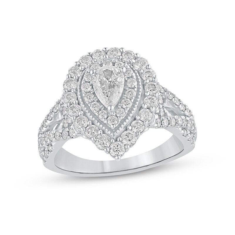 Main Image 1 of Previously Owned - 1-1/2 CT. T.W. Pear-Shaped Diamond Frame Vintage-Style Multi-Row Engagement Ring in 14K White Gold
