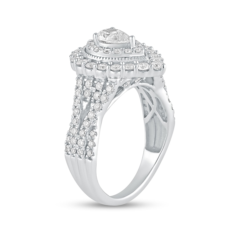 Previously Owned - 1-1/2 CT. T.W. Pear-Shaped Diamond Frame Vintage-Style Multi-Row Engagement Ring in 14K White Gold