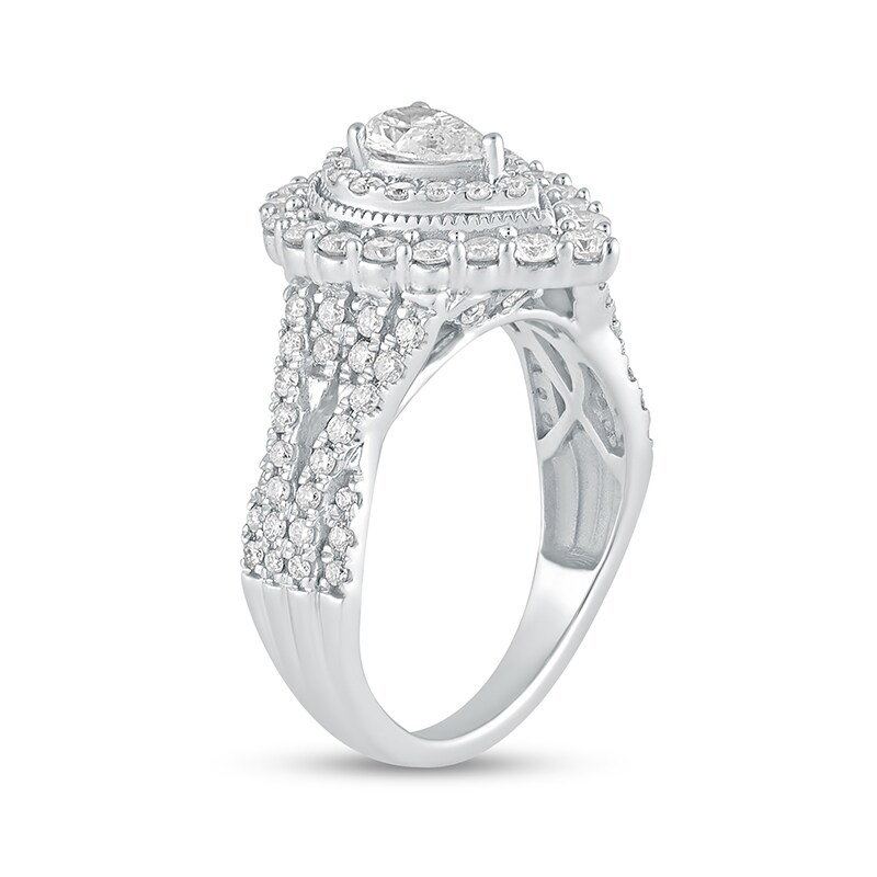 Main Image 2 of Previously Owned - 1-1/2 CT. T.W. Pear-Shaped Diamond Frame Vintage-Style Multi-Row Engagement Ring in 14K White Gold