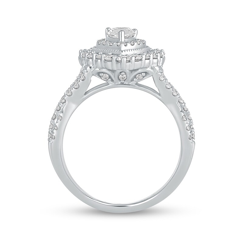 Main Image 3 of Previously Owned - 1-1/2 CT. T.W. Pear-Shaped Diamond Frame Vintage-Style Multi-Row Engagement Ring in 14K White Gold