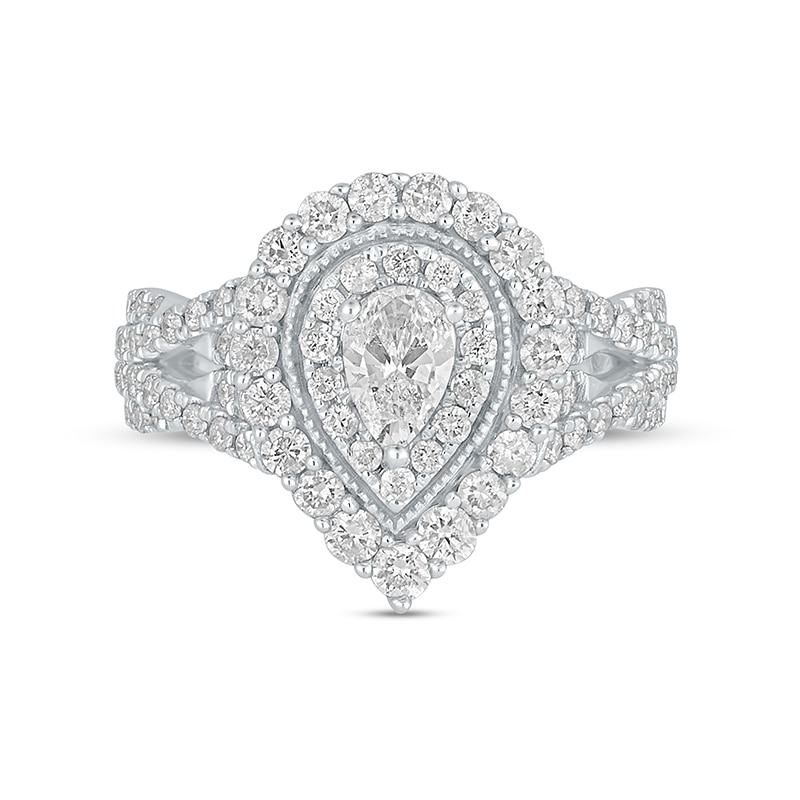 Main Image 4 of Previously Owned - 1-1/2 CT. T.W. Pear-Shaped Diamond Frame Vintage-Style Multi-Row Engagement Ring in 14K White Gold