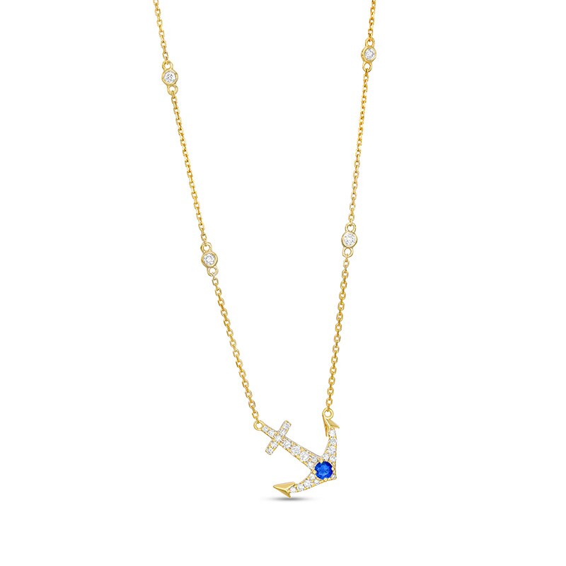 Main Image 1 of Previously Owned - Blue Sapphire and 1/4 CT. T.W. Diamond Offset Anchor Necklace in 10K Gold