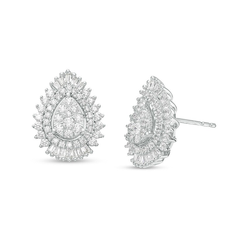 Main Image 1 of Previously Owned - 1 CT. T.W. Pear-Shaped Multi-Diamond Shadow Frame Stud Earrings in 10K White Gold