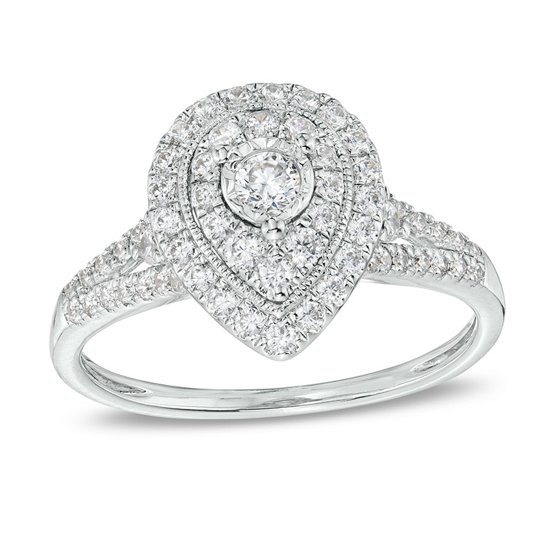 Main Image 1 of Previously Owned - 1/2 CT. T.W. Diamond Double Pear-Shaped Frame Split Shank Engagement Ring in 10K White Gold (J/I3)