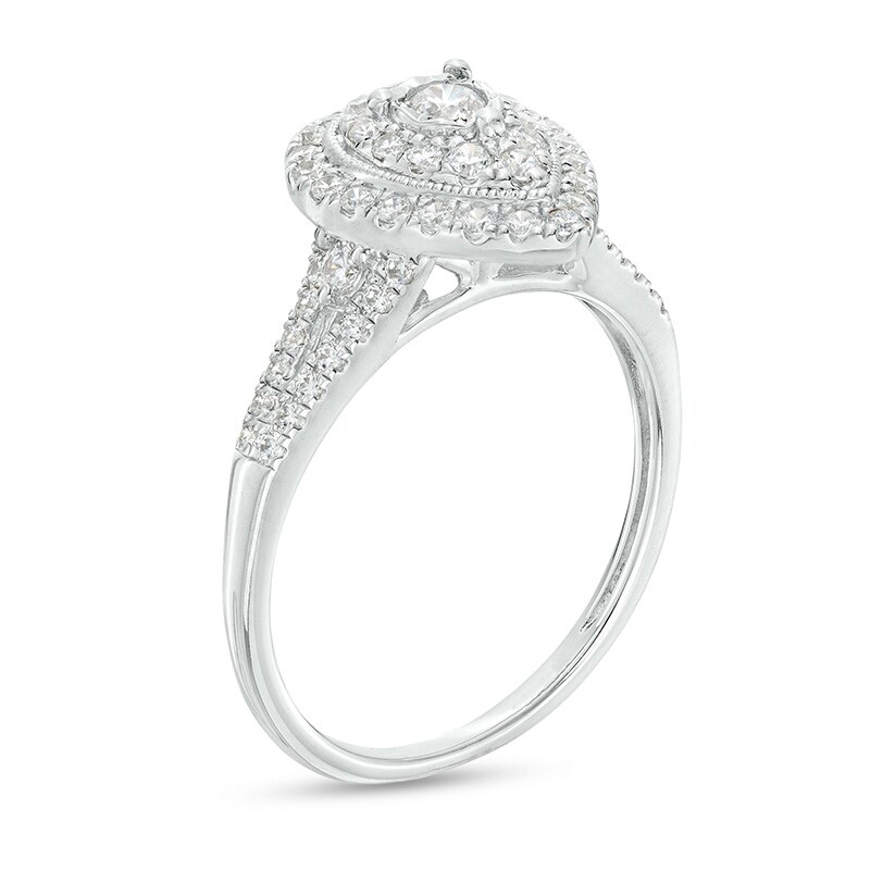 Main Image 3 of Previously Owned - 1/2 CT. T.W. Diamond Double Pear-Shaped Frame Split Shank Engagement Ring in 10K White Gold (J/I3)
