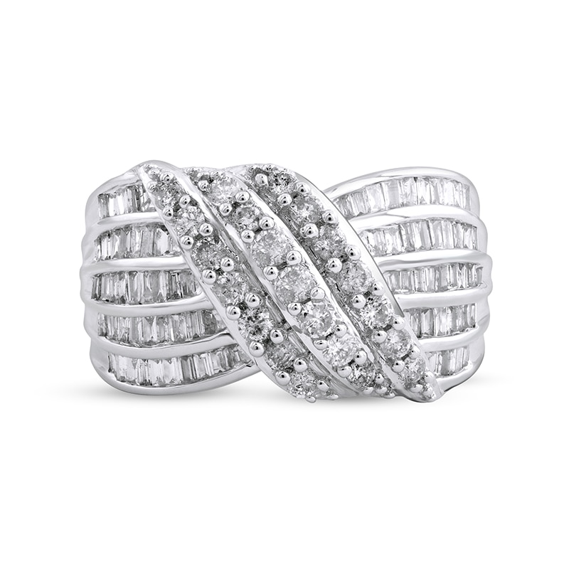 Main Image 2 of Previously Owned - 1 CT. T.W. Baguette and Round Diamond Multi-Row Crossover Ring in 10K White Gold