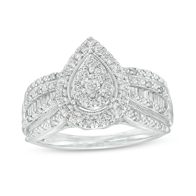 Main Image 1 of Previously Owned - 1/2 CT. T.W. Pear Multi-Diamond Frame Multi-Row Engagement Vintage-Style Ring in 10K White Gold