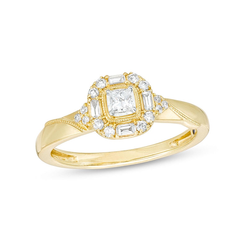 Main Image 1 of Previously Owned - 1/4 CT. T.W. Princess-Cut Diamond Cushion-Shaped Frame Promise Ring in 10K Gold