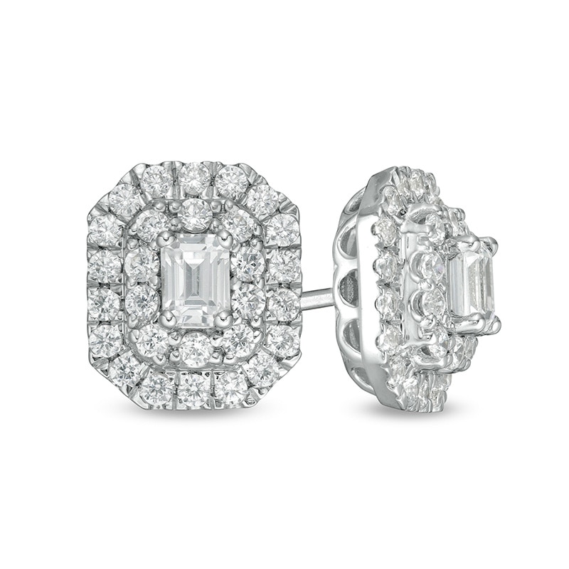 Main Image 1 of Previously Owned - 1 CT. T.W.  Emerald-Cut Lab-Grown Diamond Octagonal Double Frame Stud Earrings in 14K White Gold