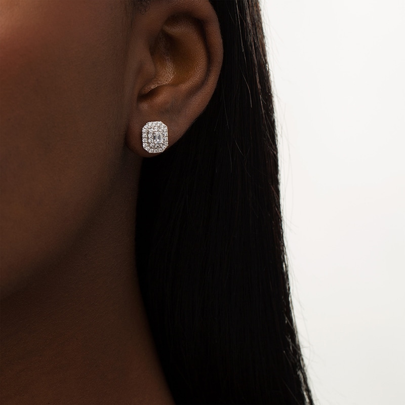 Main Image 2 of Previously Owned - 1 CT. T.W.  Emerald-Cut Lab-Grown Diamond Octagonal Double Frame Stud Earrings in 14K White Gold