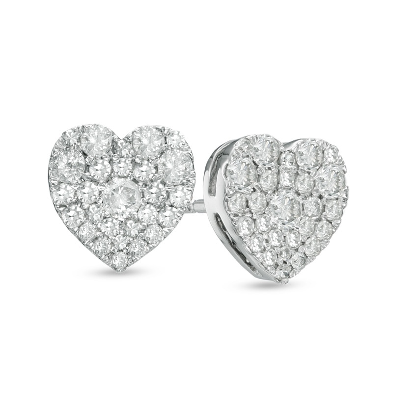 Main Image 1 of Previously Owned - 1/2 CT. T.W. Multi-Diamond Heart-Shaped Cluster Stud Earrings in 10K White Gold