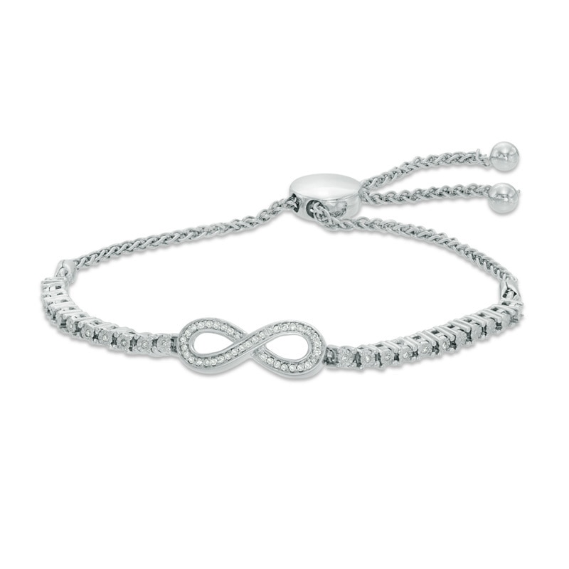 Main Image 1 of Previously Owned - 1/6 CT. T.W. Diamond Infinity Loop Adjustable Bolo Bracelet in Sterling Silver - 9.5"