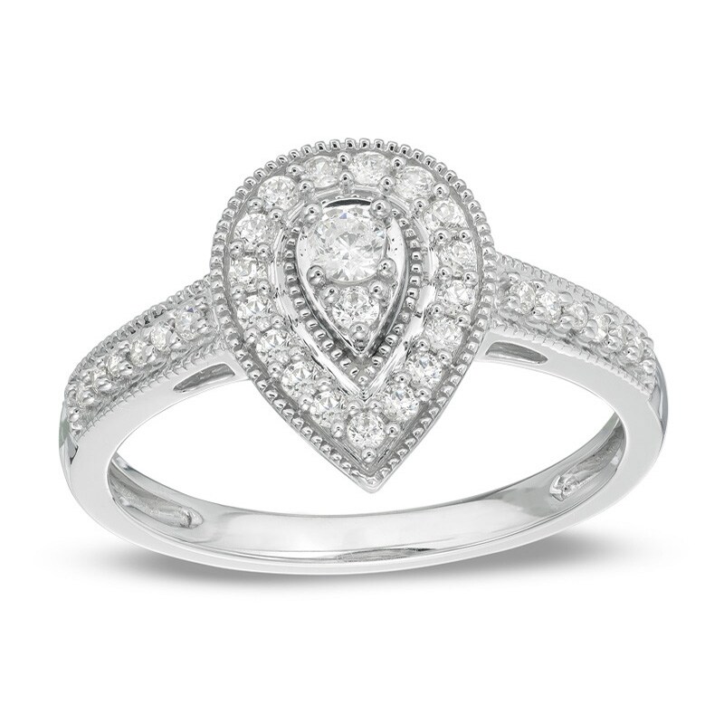 Main Image 1 of Previously Owned - 1/3 CT. T.W. Diamond Teardrop-Shaped Frame Vintage-Style Engagement Ring in 10K White Gold