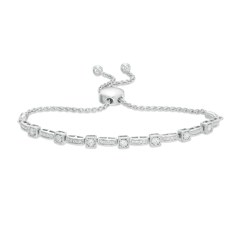 Main Image 1 of Previously Owned - 1/3 CT. T.W. Diamond Cushion Frame Station Bolo Bracelet in 10K White Gold - 9.5"