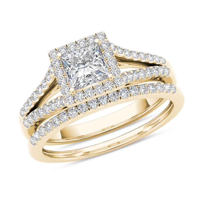 Main Image 1 of Previously Owned - 1 CT. T.W. Princess-Cut Diamond Frame Split Shank Bridal Set in 14K Gold