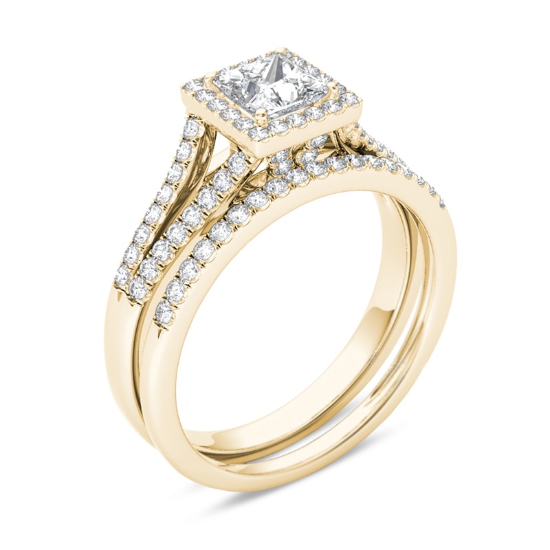 Main Image 2 of Previously Owned - 1 CT. T.W. Princess-Cut Diamond Frame Split Shank Bridal Set in 14K Gold