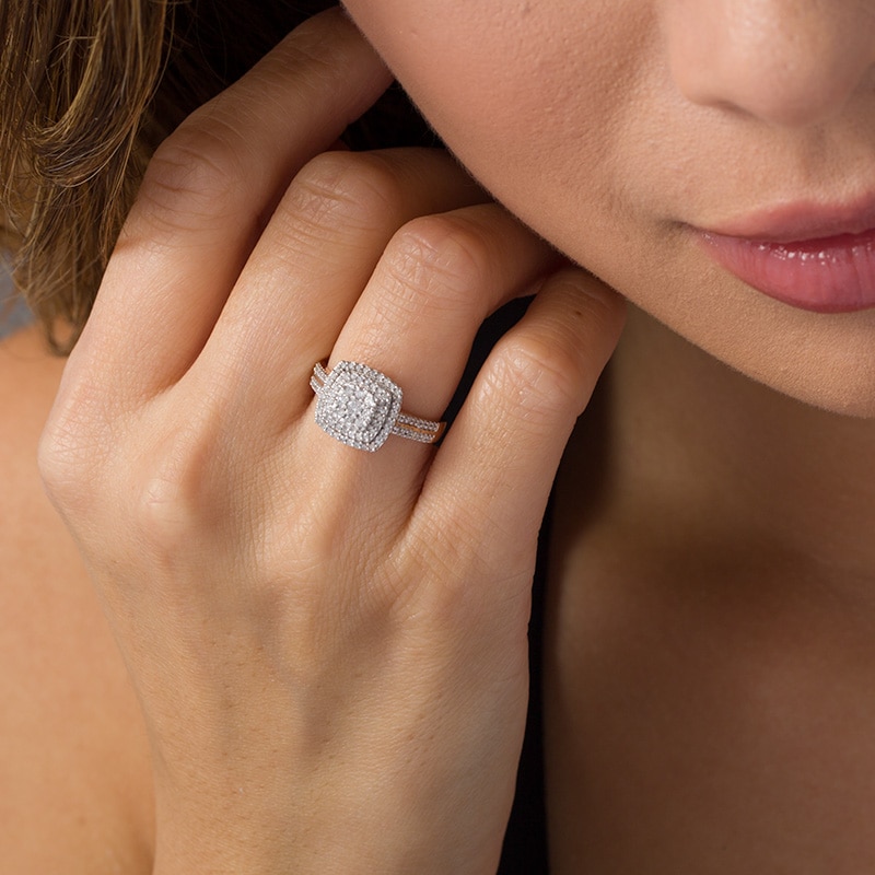Main Image 2 of Previously Owned - 3/8 CT. T.W. Diamond Double Cushion Frame Ring in 10K Rose Gold