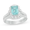 Thumbnail Image 1 of Previously Owned - Emerald-Cut Swiss Blue Topaz and 1/2 CT. T.W. Diamond Vintage-Style Bridal Set in 14K White Gold