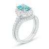Thumbnail Image 3 of Previously Owned - Emerald-Cut Swiss Blue Topaz and 1/2 CT. T.W. Diamond Vintage-Style Bridal Set in 14K White Gold