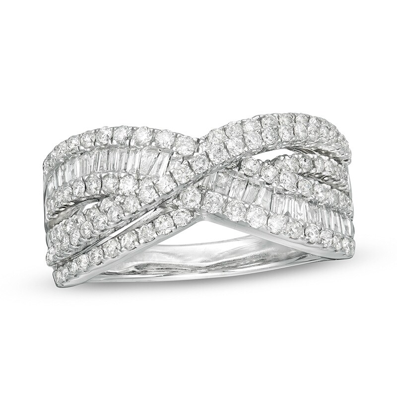 Main Image 1 of Previously Owned - 1 CT. T.W. Diamond Multi-Row Layered Criss-Cross Ring in 10K White Gold