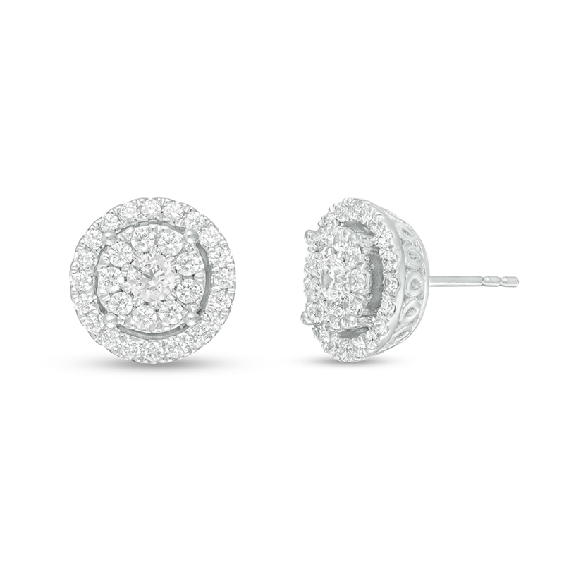 Main Image 1 of Previously Owned - 1 CT. T.W. Multi-Diamond Frame Tiered Stud Earrings in 10K White Gold