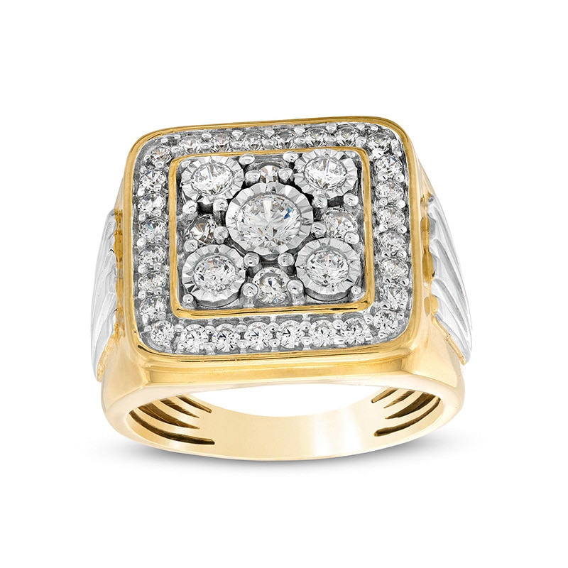 Main Image 1 of Previously Owned - 1-3/8 CT. T.W. Square-Shaped Multi-Diamond Frame Ribbed Side Accent Ring in 10K Two-Tone Gold