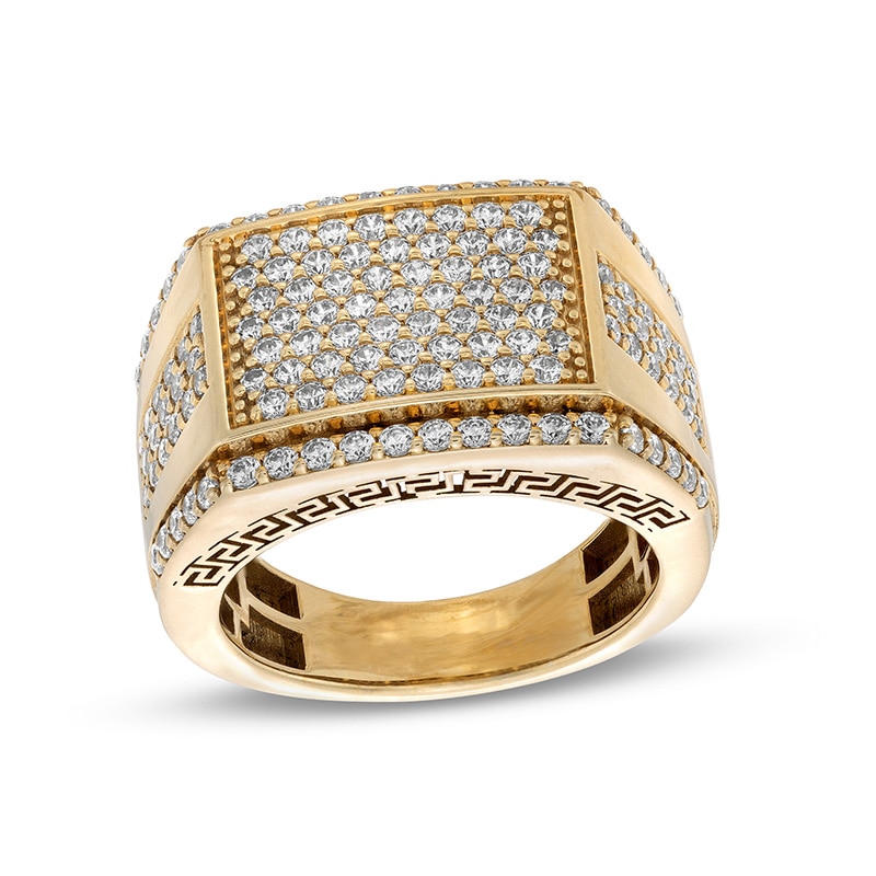Main Image 1 of Previously Owned - 2-1/4 CT. T.W. Rectangular Multi-Diamond Stepped Border Etched Greek Key Edge Ring in 10K Gold