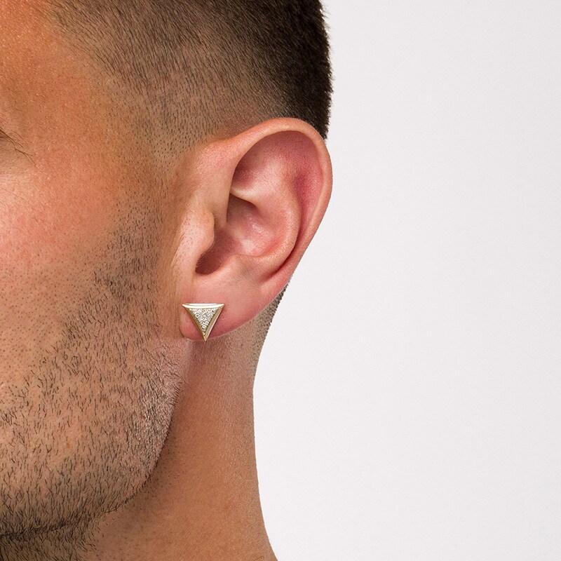 Main Image 2 of Previously Owned - Men's 1/5 CT. T.W. Diamond Pavé Triangular Stud Earrings in 10K Gold