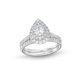 Previously Owned - 1 CT. T.W. Pear-Shaped Diamond Frame Bridal Set in 14K White Gold (I/I1)