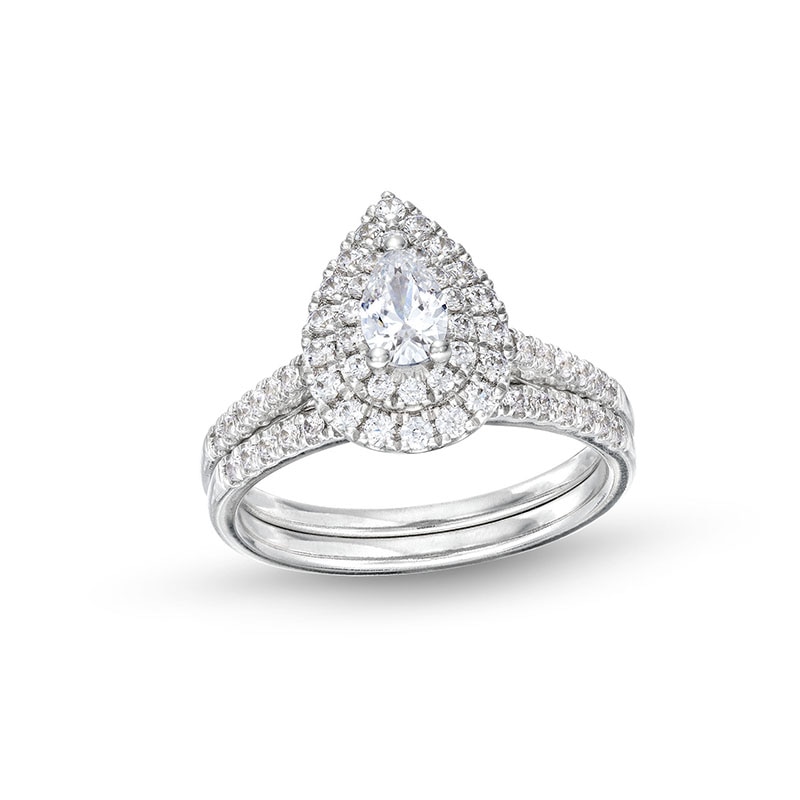 Main Image 1 of Previously Owned - 1 CT. T.W. Pear-Shaped Diamond Frame Bridal Set in 14K White Gold (I/I1)