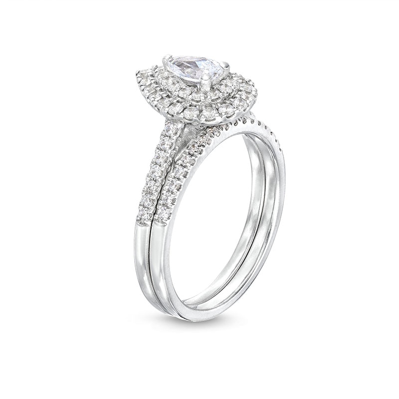 Main Image 3 of Previously Owned - 1 CT. T.W. Pear-Shaped Diamond Frame Bridal Set in 14K White Gold (I/I1)