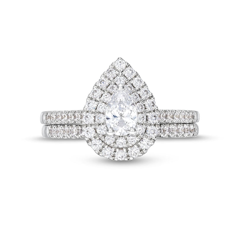 Main Image 4 of Previously Owned - 1 CT. T.W. Pear-Shaped Diamond Frame Bridal Set in 14K White Gold (I/I1)