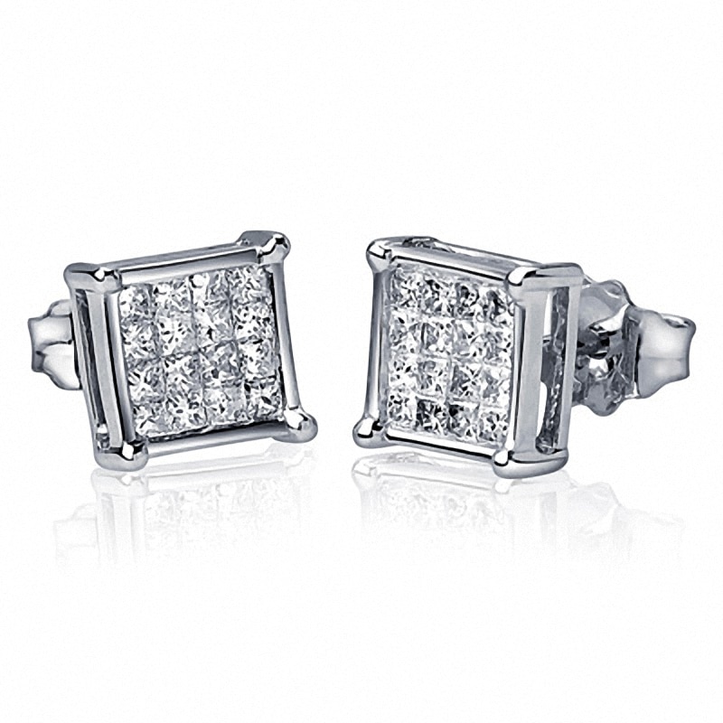 Main Image 1 of Previously Owned - 1/3 CT. T.W. Princess-Cut Multi-Diamond Stud Earrings in 14K White Gold