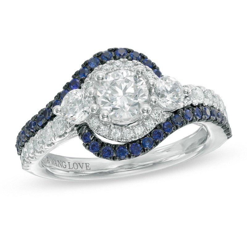 Previously Owned - Vera Wang Love Collection 1-1/5 CT. T.W. Diamond and Sapphire Three Stone Swirl Ring in 14K White Gold