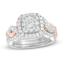 Previously Owned - 1-1/2 CT. T.W. Composite Diamond Square Frame Twist Shank Bridal Set in 14K Two-Tone Gold