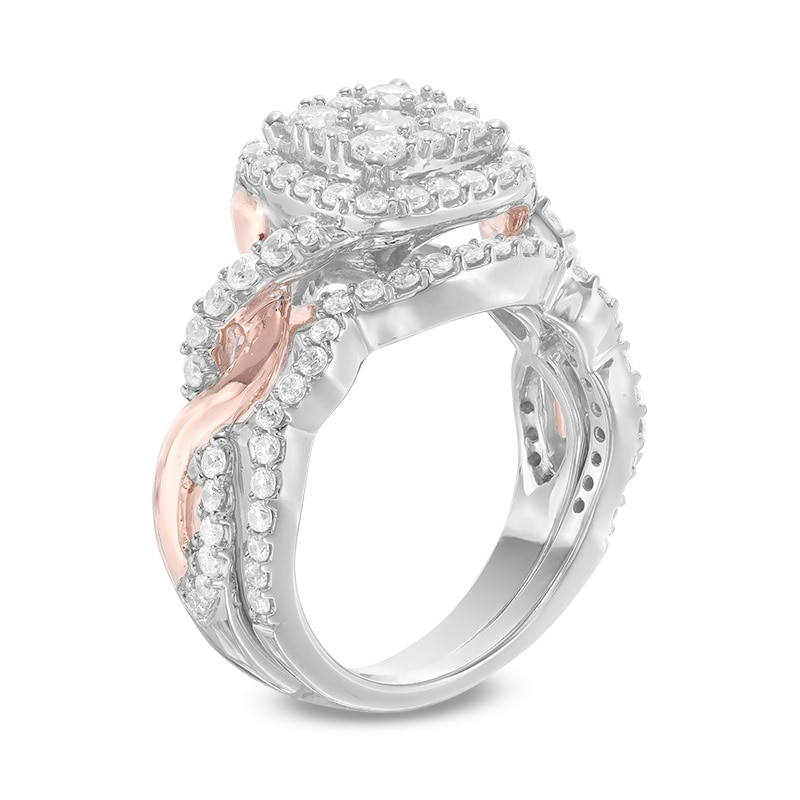 Main Image 2 of Previously Owned - 1-1/2 CT. T.W. Composite Diamond Square Frame Twist Shank Bridal Set in 14K Two-Tone Gold