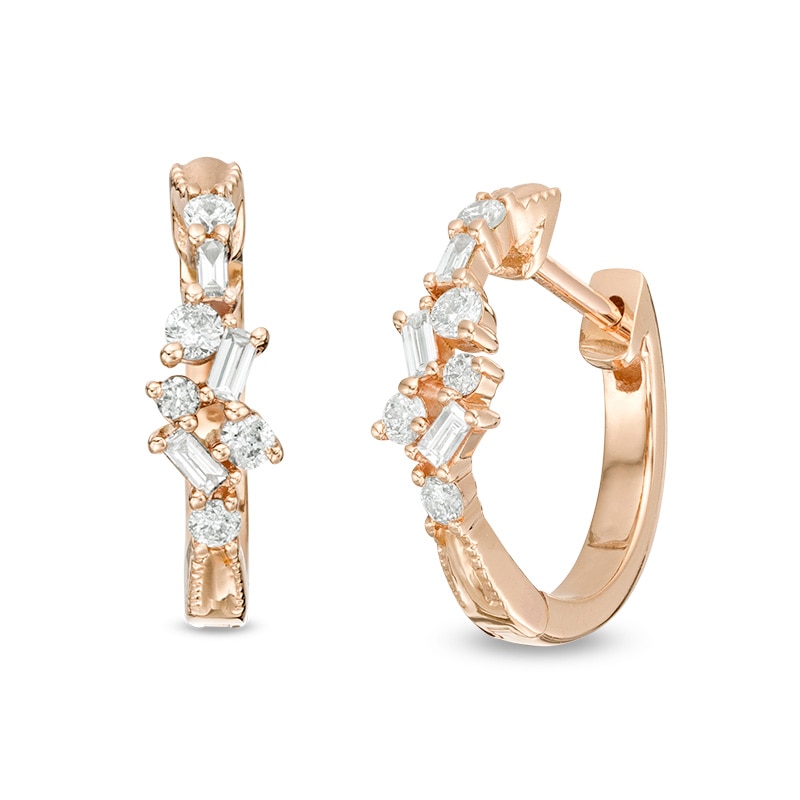 Main Image 1 of Previously Owned - 1/4 CT. T.W. Baguette and Round Diamond Scatter Hoop Earrings in 10K Rose Gold