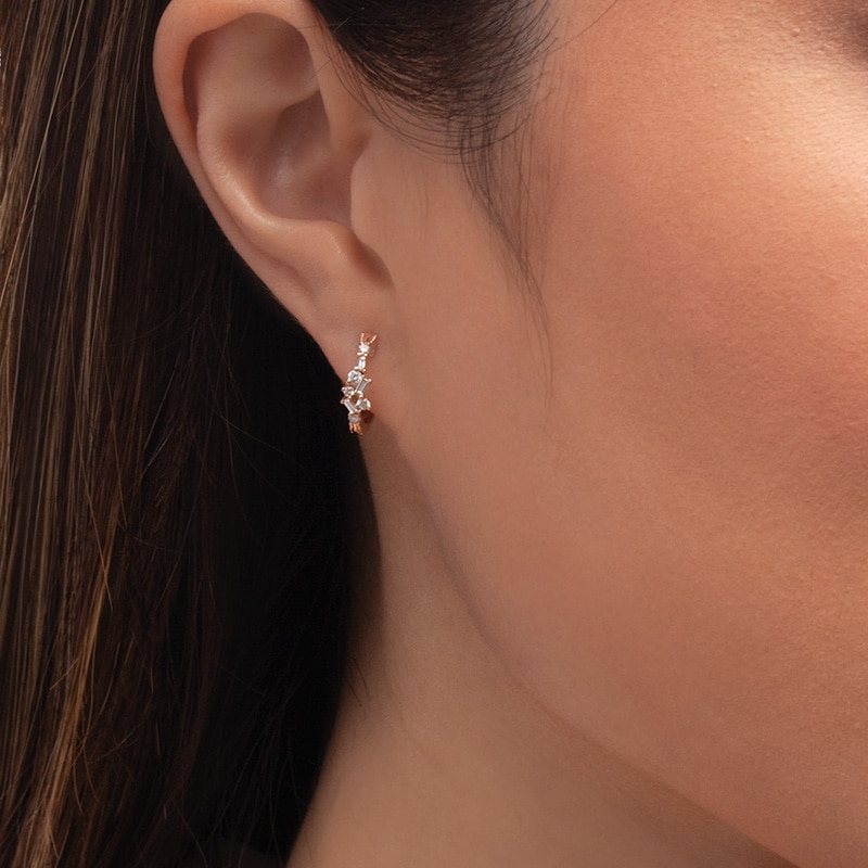Main Image 2 of Previously Owned - 1/4 CT. T.W. Baguette and Round Diamond Scatter Hoop Earrings in 10K Rose Gold