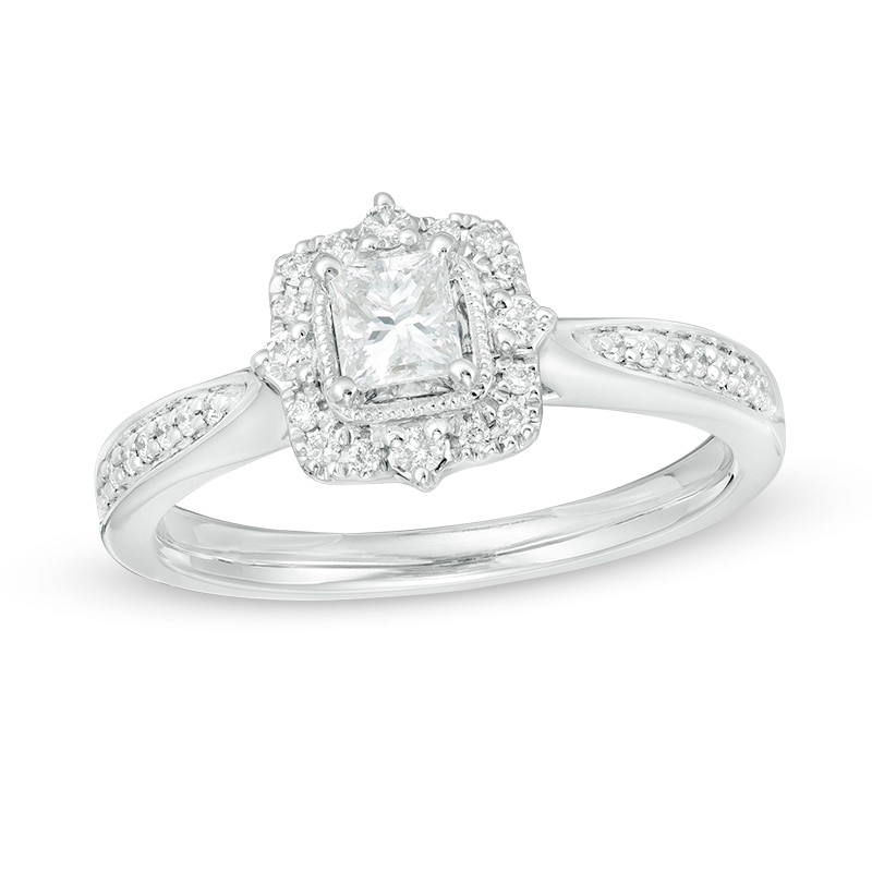 Previously Owned - 1/2 CT. T.W. Princess-Cut Diamond Frame Vintage-Style Engagement Ring in 14K White Gold