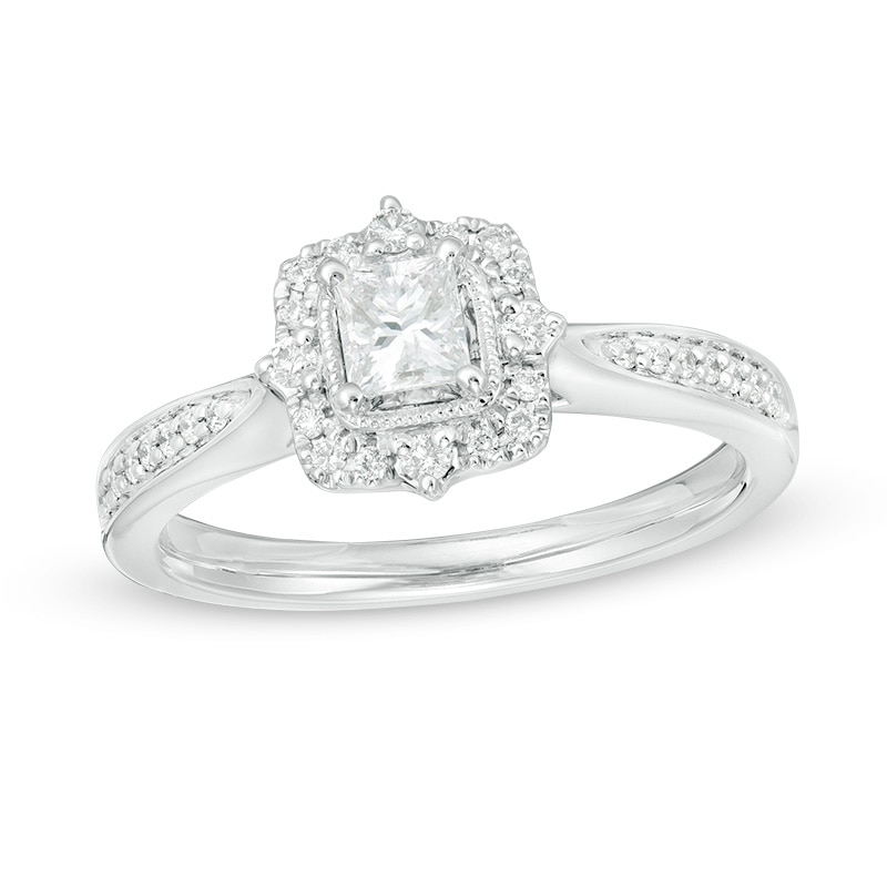 Main Image 1 of Previously Owned - 1/2 CT. T.W. Princess-Cut Diamond Frame Vintage-Style Engagement Ring in 14K White Gold