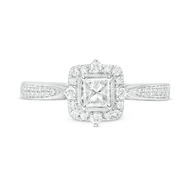 Main Image 4 of Previously Owned - 1/2 CT. T.W. Princess-Cut Diamond Frame Vintage-Style Engagement Ring in 14K White Gold