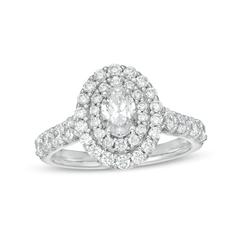 Main Image 1 of Previously Owned - 1-1/2 CT. T.W.  Oval Lab-Grown Diamond Double Frame Engagement Ring in 14K White Gold (F/VS2)