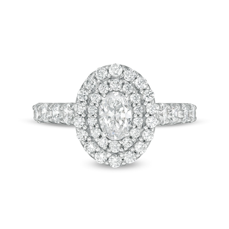 Main Image 4 of Previously Owned - 1-1/2 CT. T.W.  Oval Lab-Grown Diamond Double Frame Engagement Ring in 14K White Gold (F/VS2)