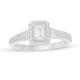 Previously Owned - Vera Wang Love Collection 3/4 CT. T.W. Emerald-Cut Diamond Frame Engagement Ring in 14K White Gold