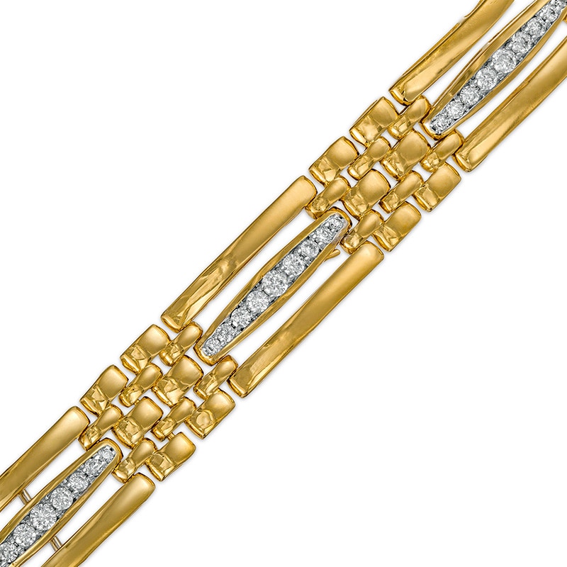Main Image 1 of Previously Owned - 1 CT. T.W. Diamond Triple Row Bar and Brick Pattern Alternating Link Bracelet in 10K Gold