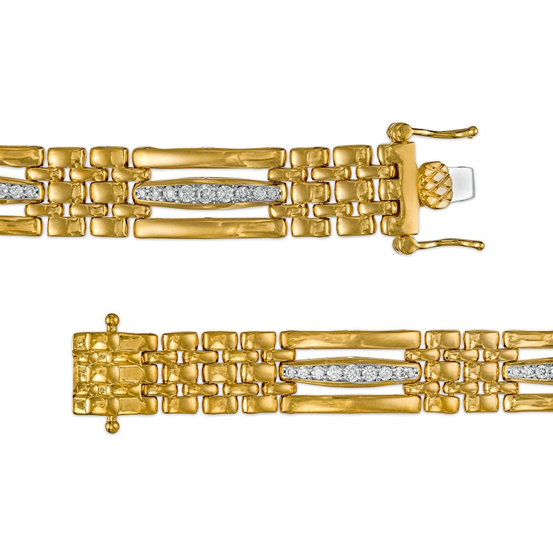 Main Image 3 of Previously Owned - 1 CT. T.W. Diamond Triple Row Bar and Brick Pattern Alternating Link Bracelet in 10K Gold