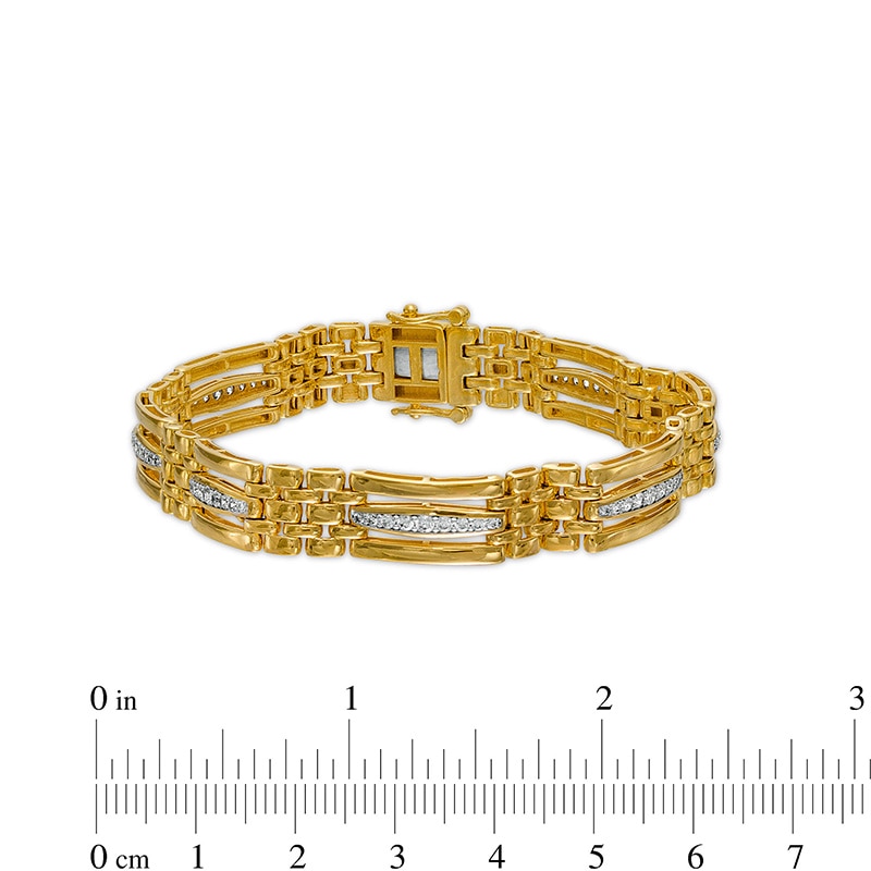 Main Image 4 of Previously Owned - 1 CT. T.W. Diamond Triple Row Bar and Brick Pattern Alternating Link Bracelet in 10K Gold